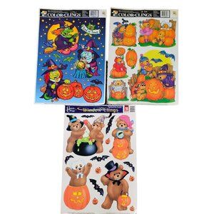 Vintage Halloween Bear Witches Color Window Clings Pumpkins Set of 3